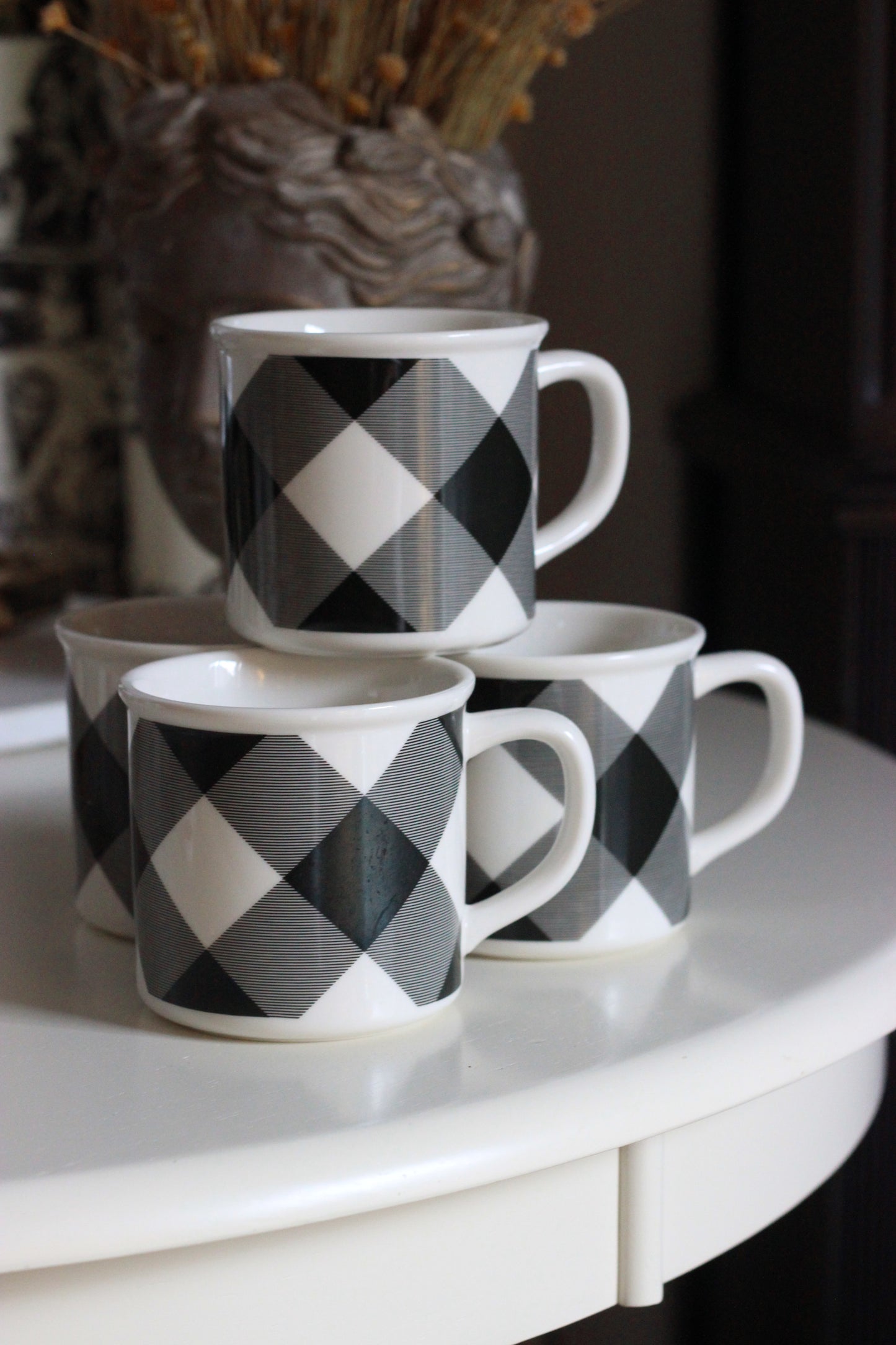Found | Black + White Plaid Pottery Barn Mugs | Set of 4