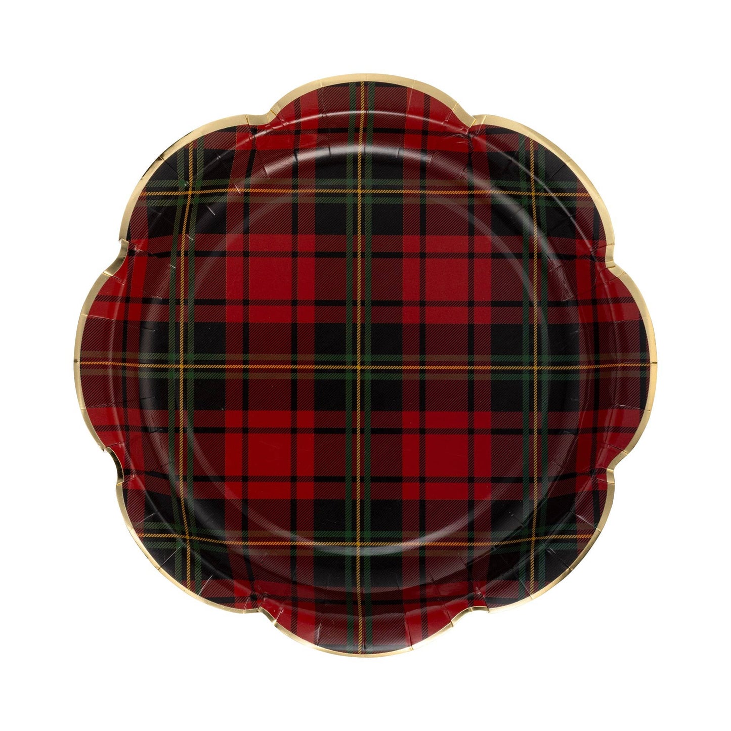 Red Christmas Plaid Round Scalloped Plate