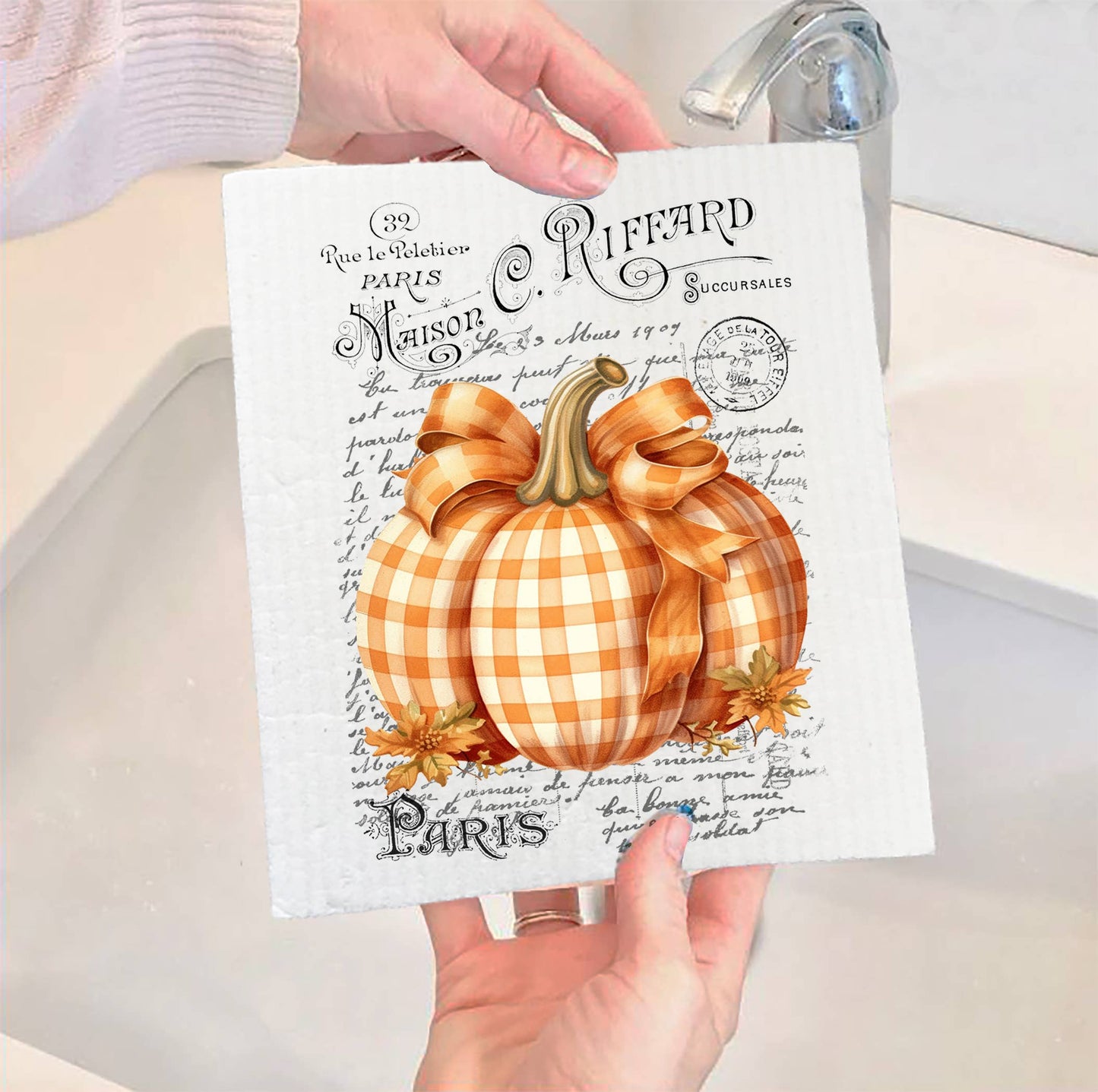 Autumn Swedish Dishcloth | French Checkered Pumpkin