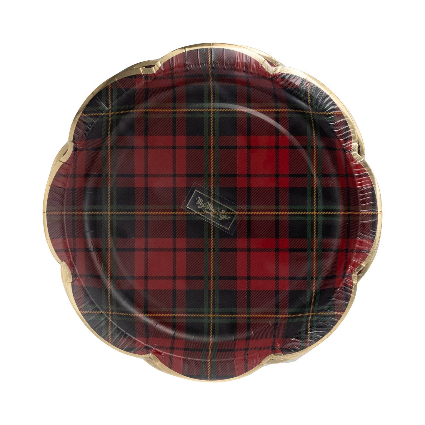 Red Christmas Plaid Round Scalloped Plate