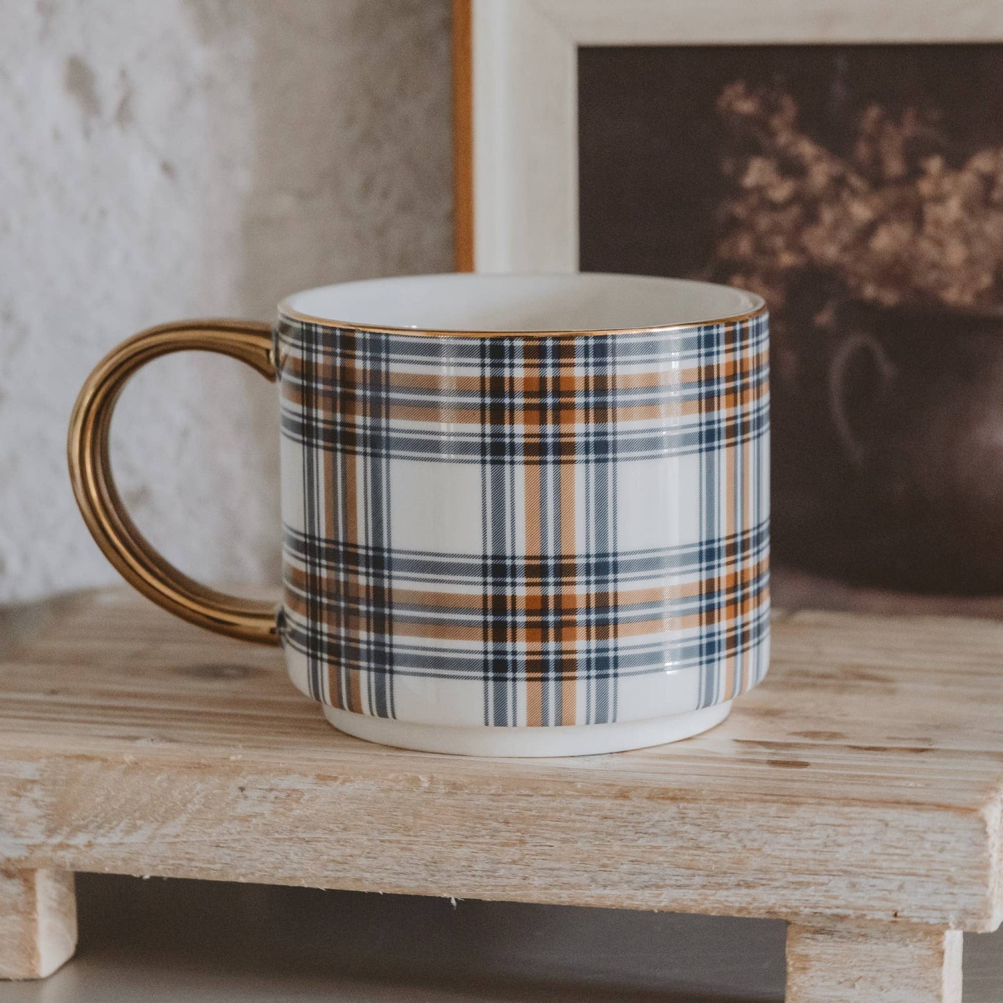 Fall Coffee Mug | Navy + Orange Plaid