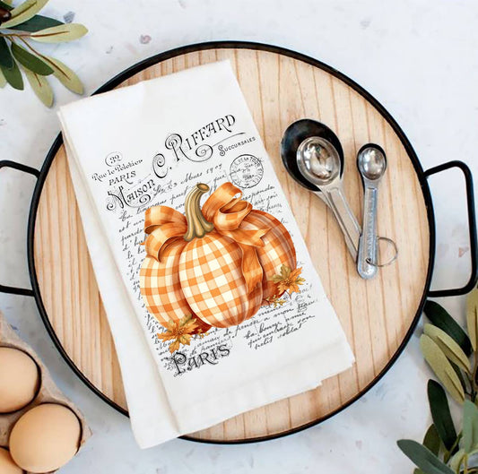 SALE | ๐งก Autumn Tea Towel | French Checkered Pumpkin