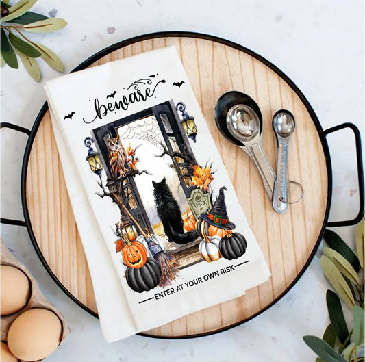 Halloween Tea Towel | Beware Black Cat