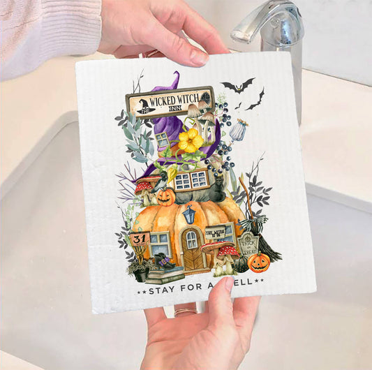 Halloween Swedish Dishcloth | Wicked Witch +  Pumpkin House