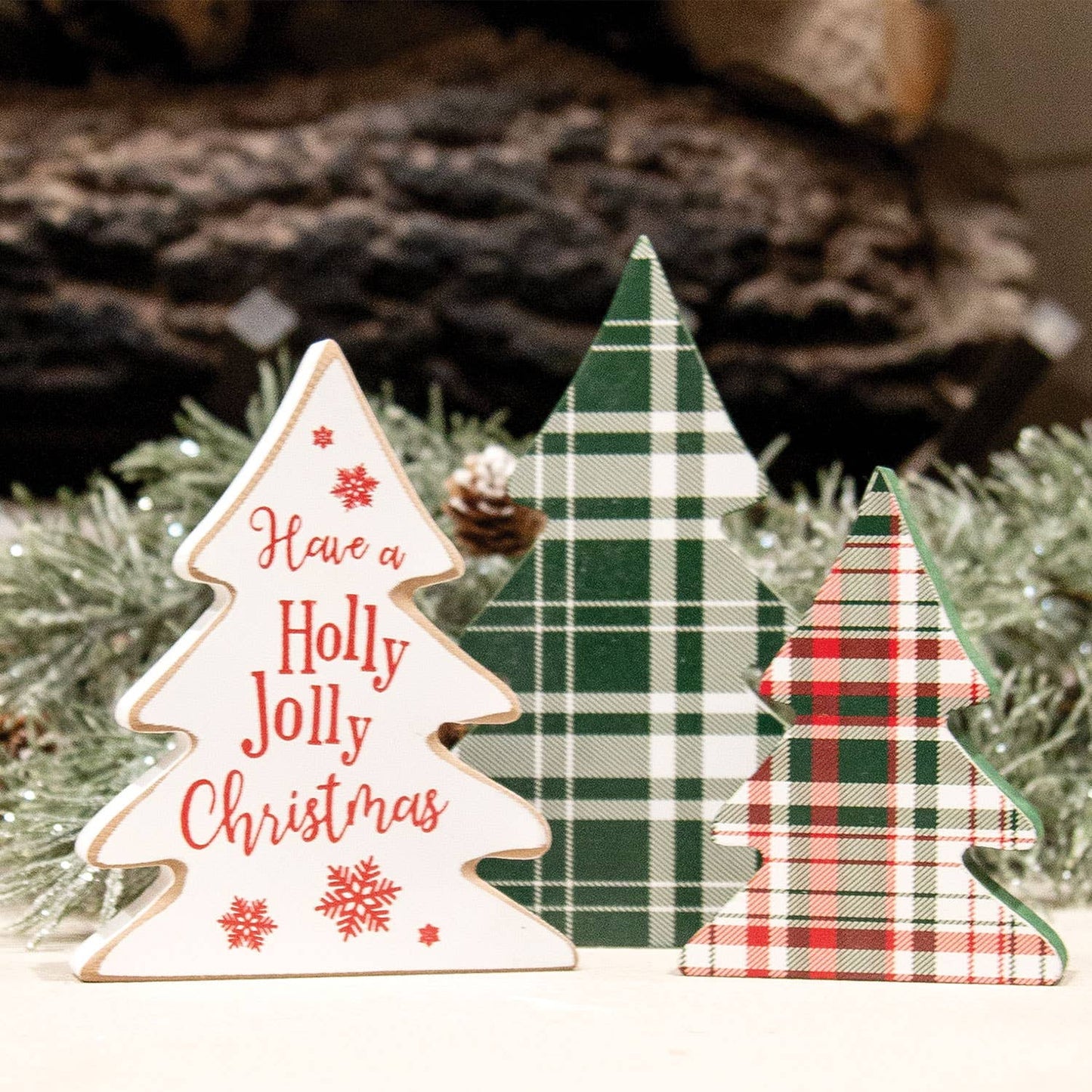 3/Set, Wooden Holly Jolly Plaid Christmas Trees