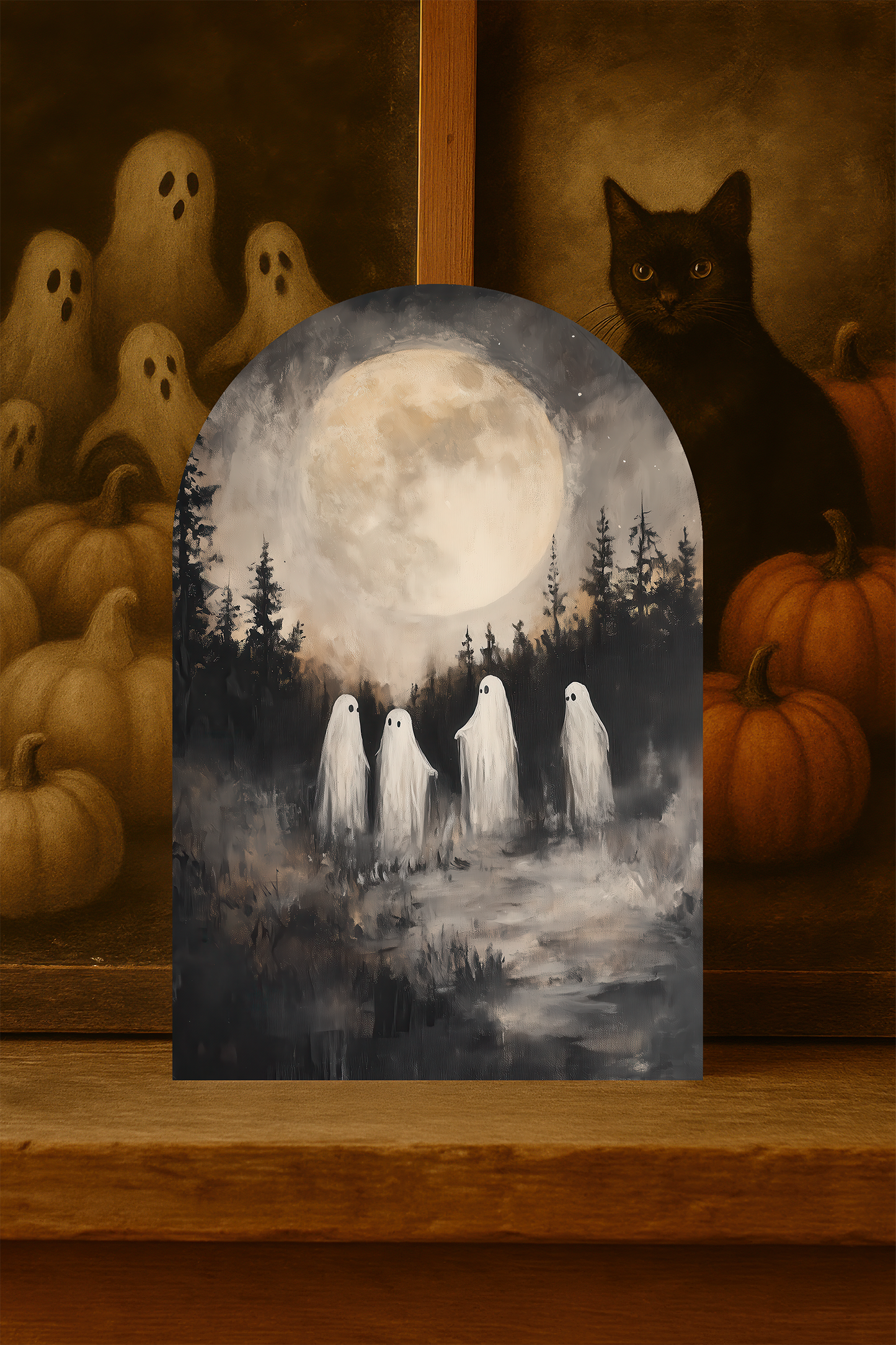 Full Moon Ghosts Arch Sign – Spooky Halloween Wood Decor