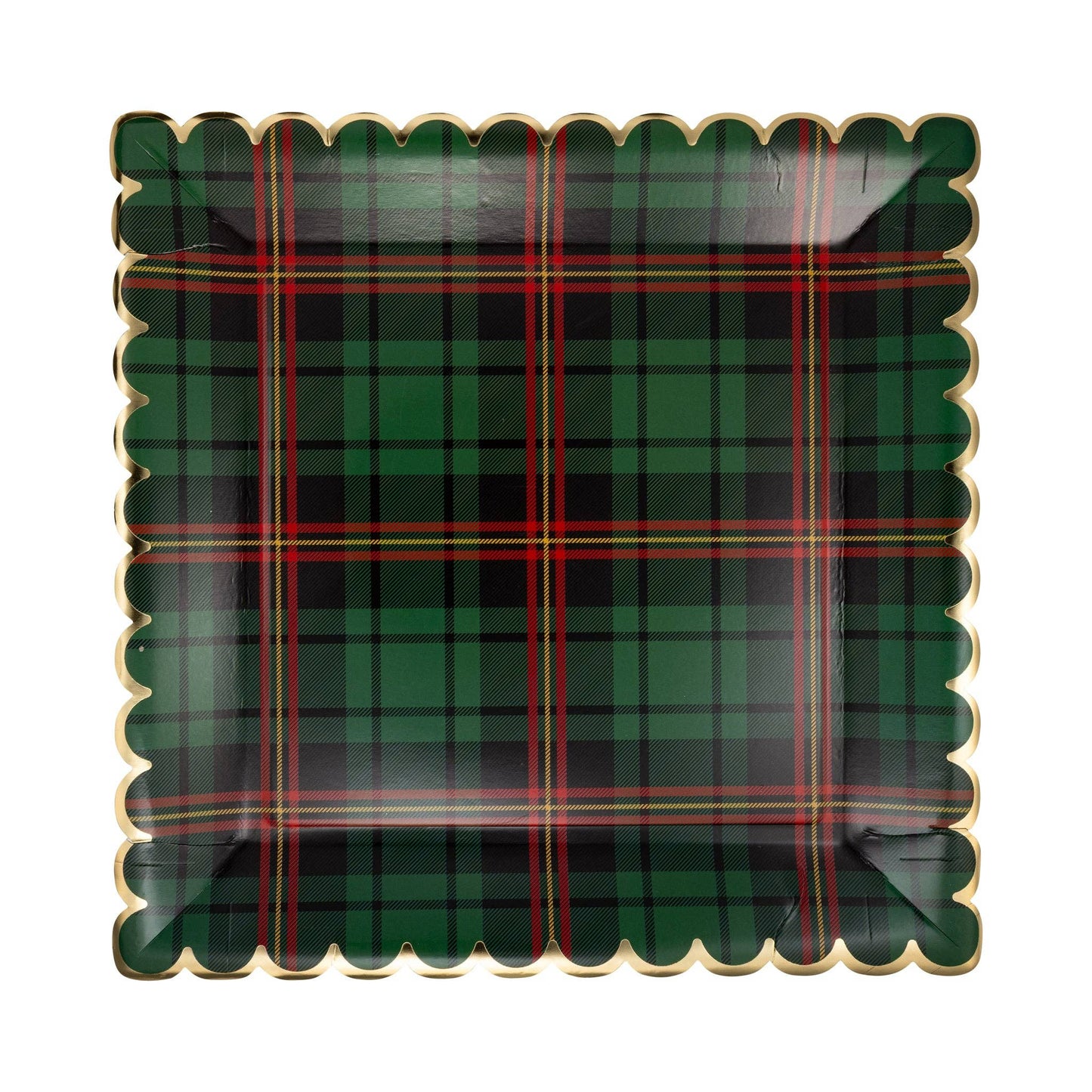 Green Christmas Plaid Square Scalloped Plate