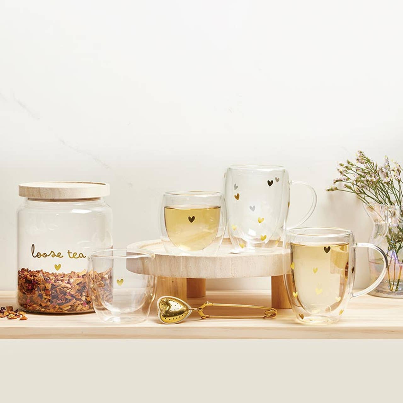 Double Wall Tea Cup | Gold Foil Hearts