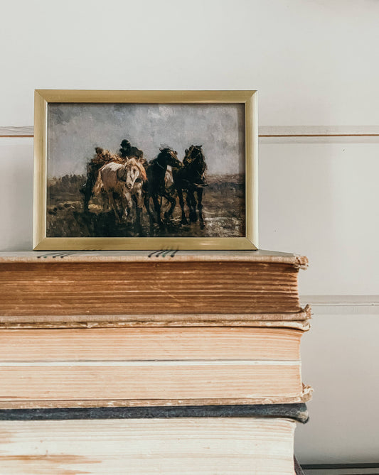 Vintage Fine Art in Little Gold Frame- Horses Journey